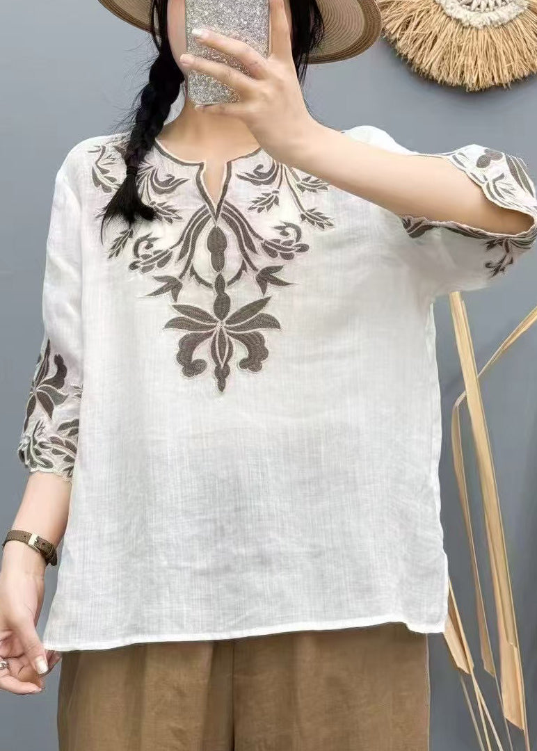 White Embroidered Cotton Shirt Tops Bracelet Sleeve