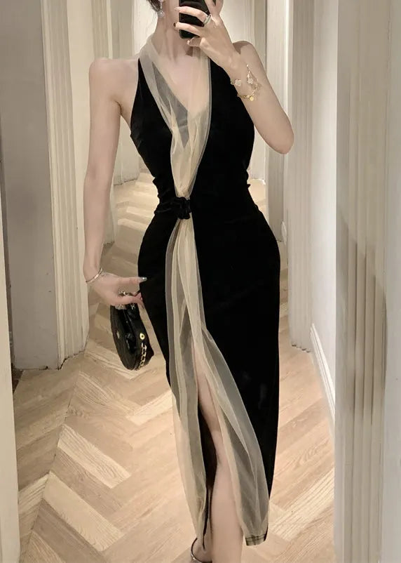 Black V Neck Tulle Patchwork Backless Silk Velour Long Dress Summer