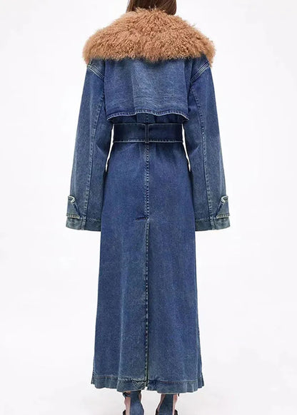 Denim Blue Fur Collar Patchwork Tie Waist Long Trench Coats Winter