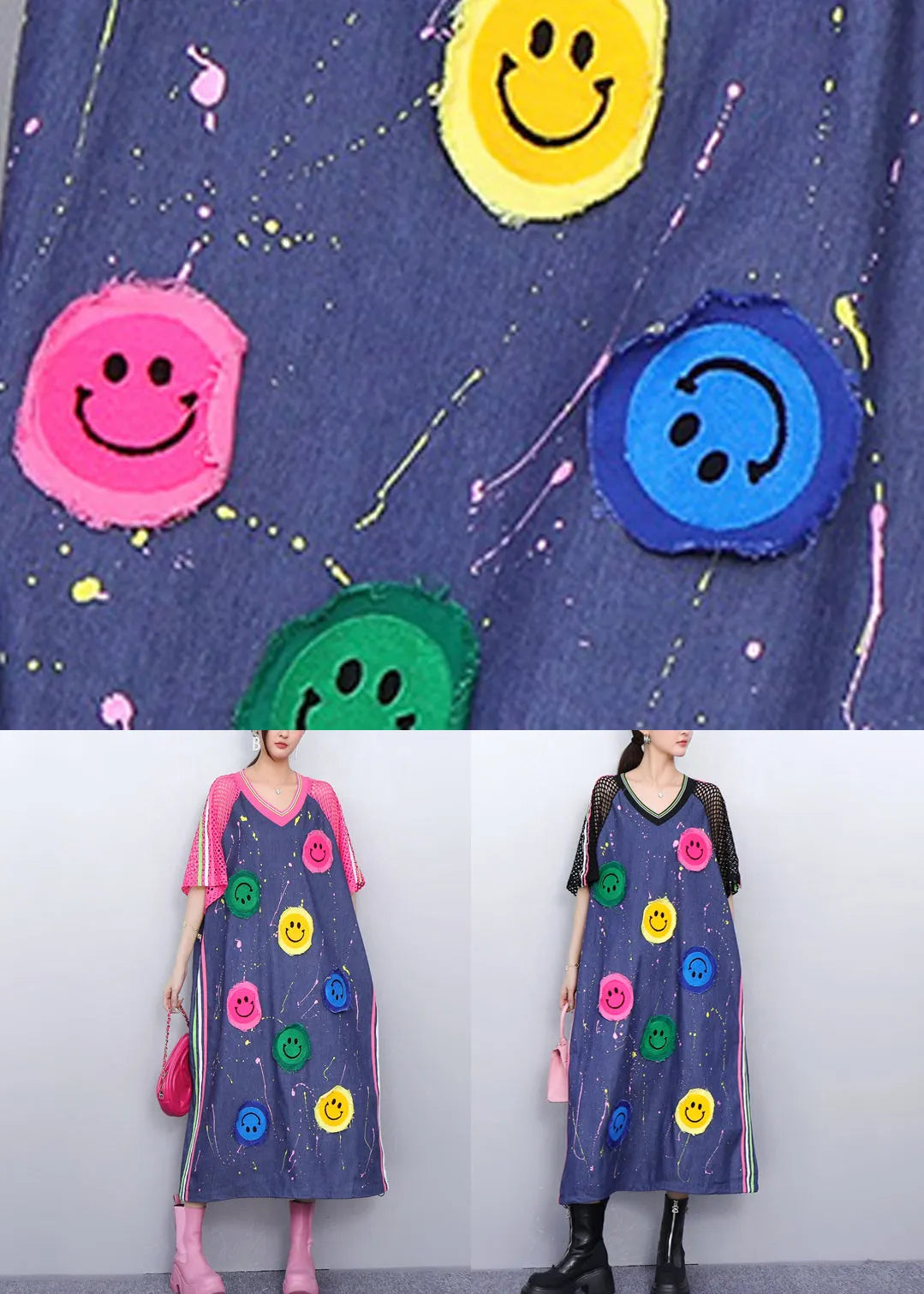 Black Striped Cheerful Smiley Patchwork Denim Summer Long Dress V Neck