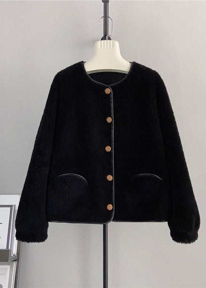 Black O Neck Pockets Button Wool Coats Winter