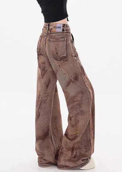 Camel Tie Dye Pockets High Waist Denim Pants Fall
