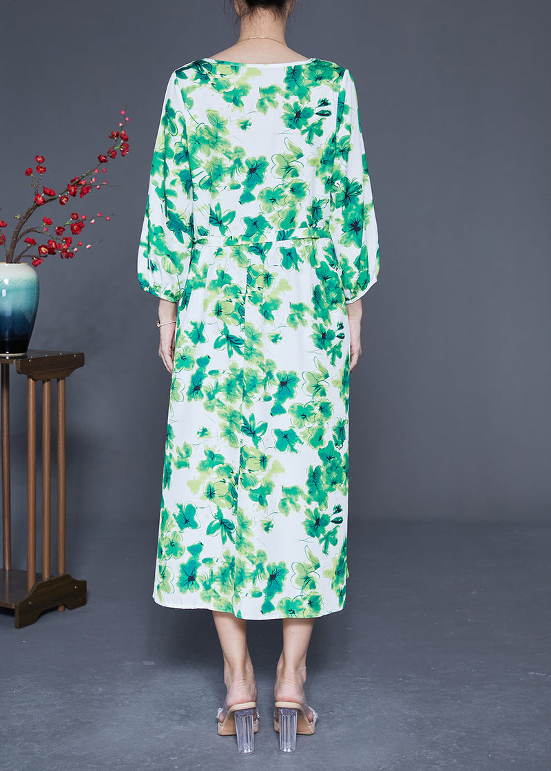 Green O-neck Oversized Print Silk Vacation Dresses Bracelet Sleeve