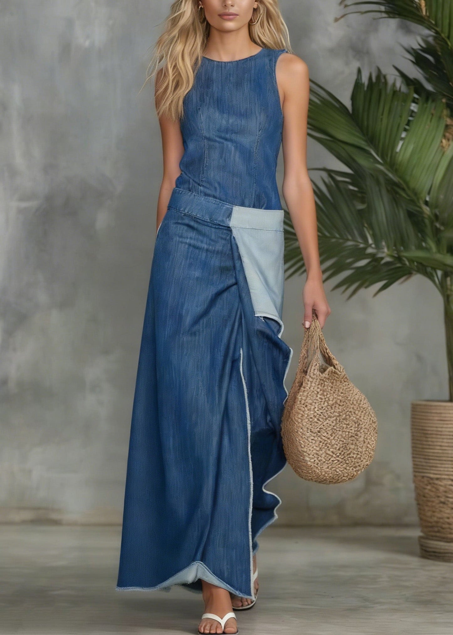Plain Spliced Sleeveless Maxi Denim Dress