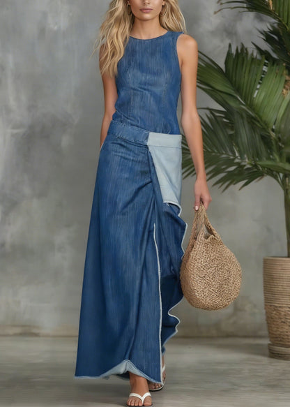 Plain Spliced Sleeveless Maxi Denim Dress
