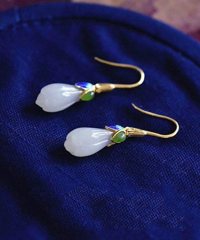 Gold Sterling Silver Overgild Jade Cloisonne Orchid Stud Earrings