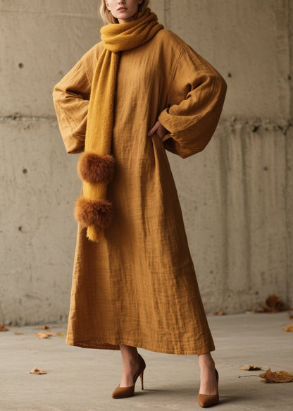 Simple Yellow O Neck Cotton Long Dress Lantern Sleeve Spring