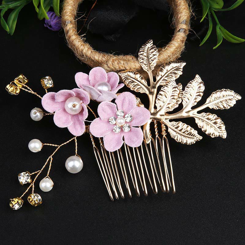 Golden Leaf Flower Pearl Chinese Hairpin Set - 4pcs Comb