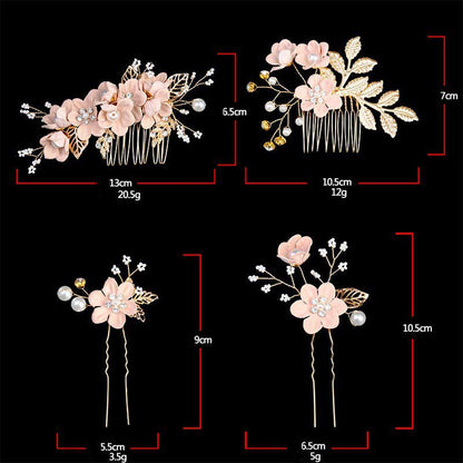 Golden Leaf Flower Pearl Chinese Hairpin Set - 4pcs Comb