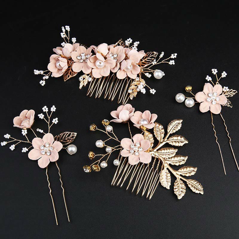 Golden Leaf Flower Pearl Chinese Hairpin Set - 4pcs Comb