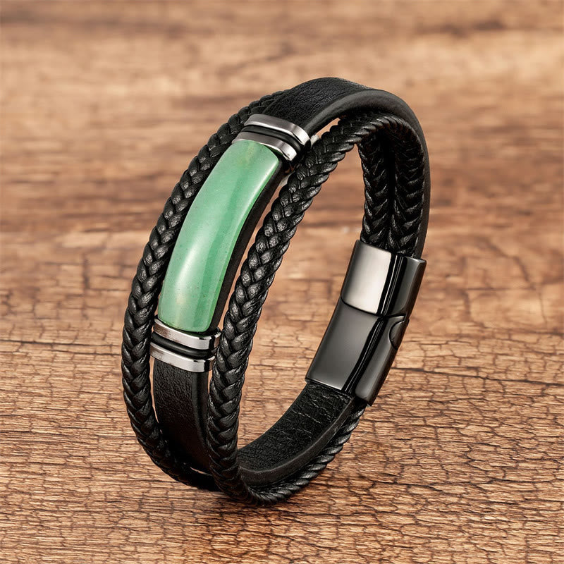 Green Agate Power Multilayered Braided Leather Bracelet 21cm