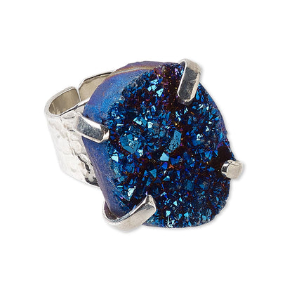 Adjustable Silver Plated Electric Blue Druzy Agate Gemstone Cocktail Ring
