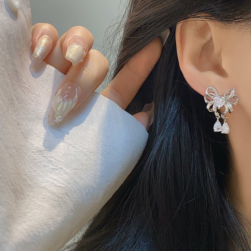 Heart Ribbon Earrings in Silver