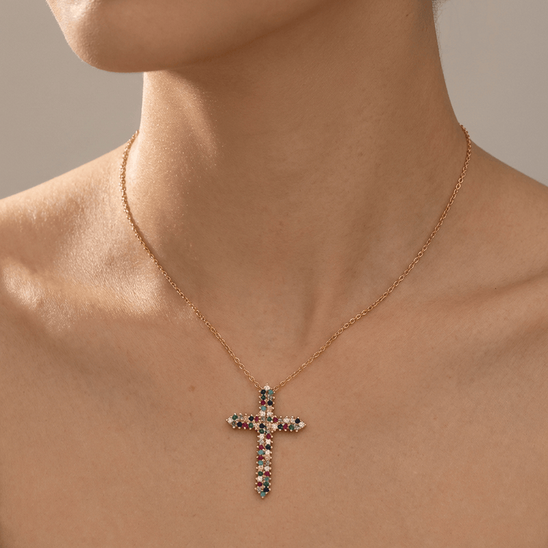 Zircon Rainbow Cross Necklace