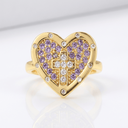 Colorful Heart & Cross Silver Ring - (adjustable)