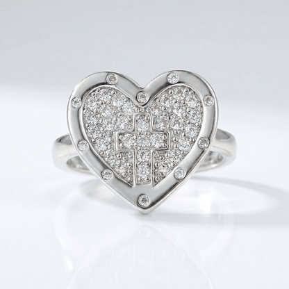 Colorful Heart & Cross Silver Ring - (adjustable)