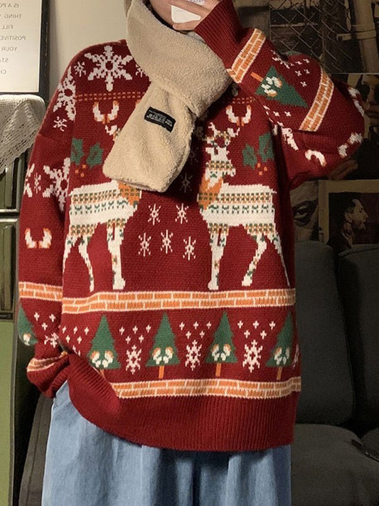 Sweater with Crew Neck and Christmas Heart Print