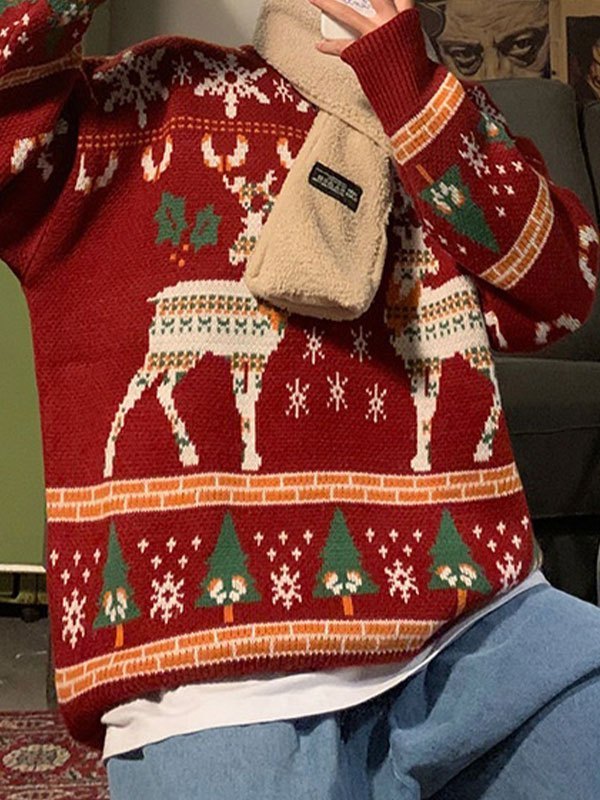 Sweater with Crew Neck and Christmas Heart Print