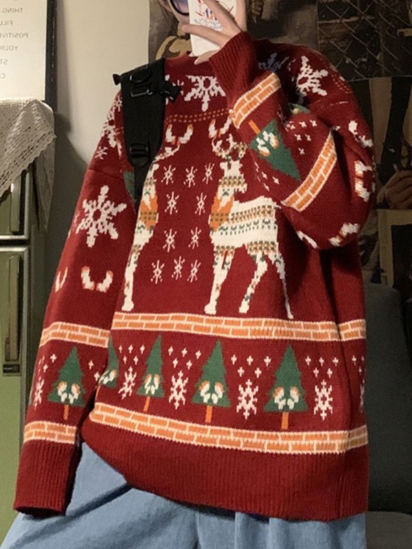 Sweater with Crew Neck and Christmas Heart Print