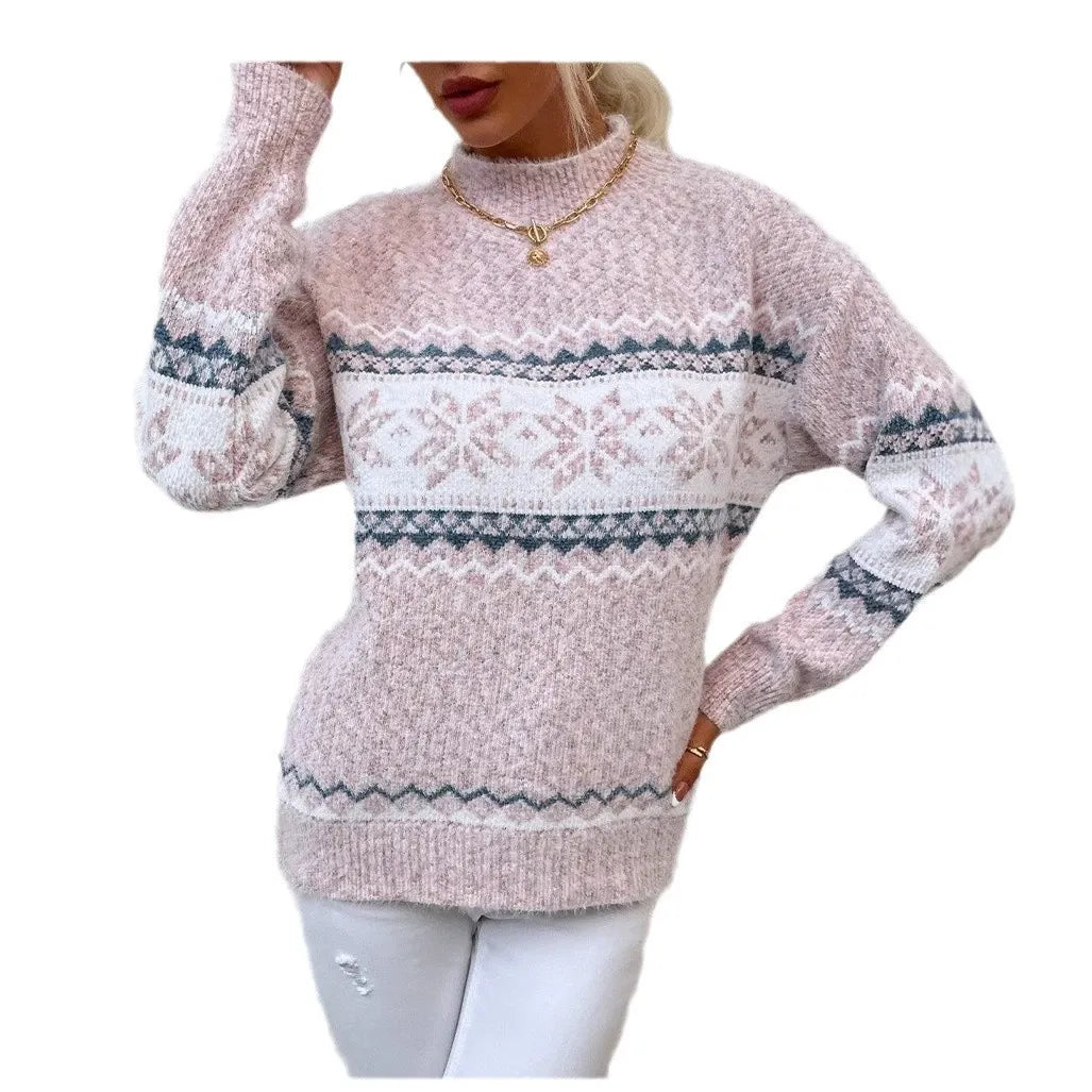 Sweater Wool Knit Relaxed Fit Snowflake Pattern High Collar
