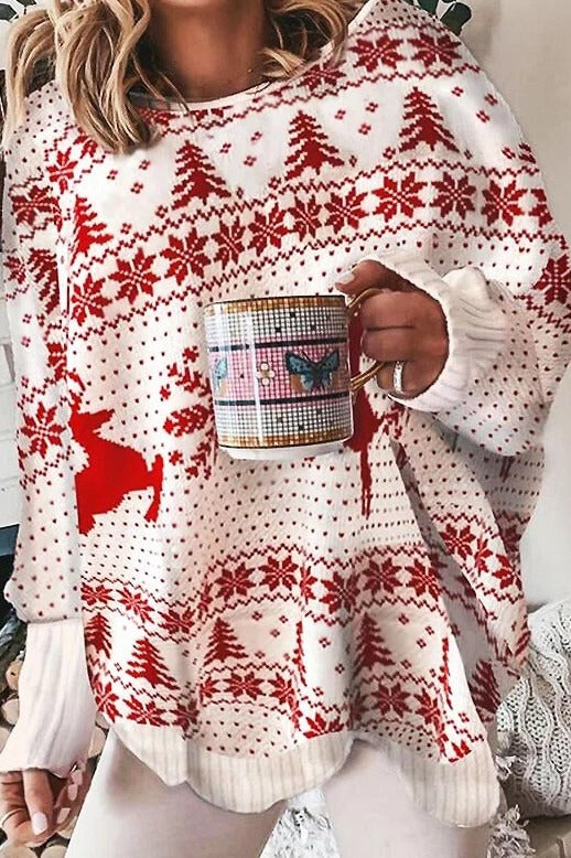 Oversized Cut Knit Wool Blend Crew Neck Festive Pattern