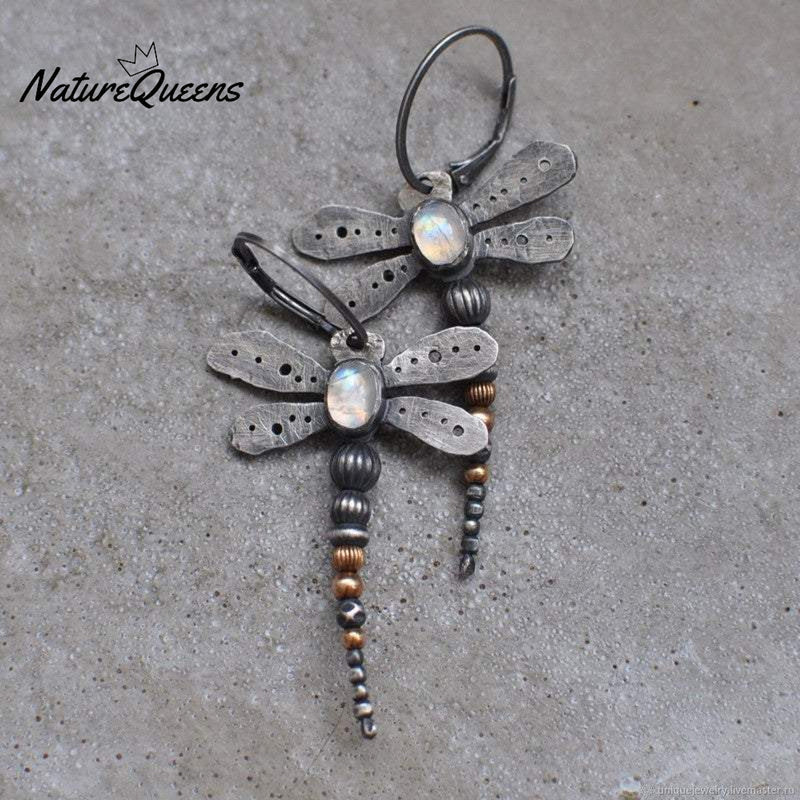 Round Moonstone Dragonfly Earrings