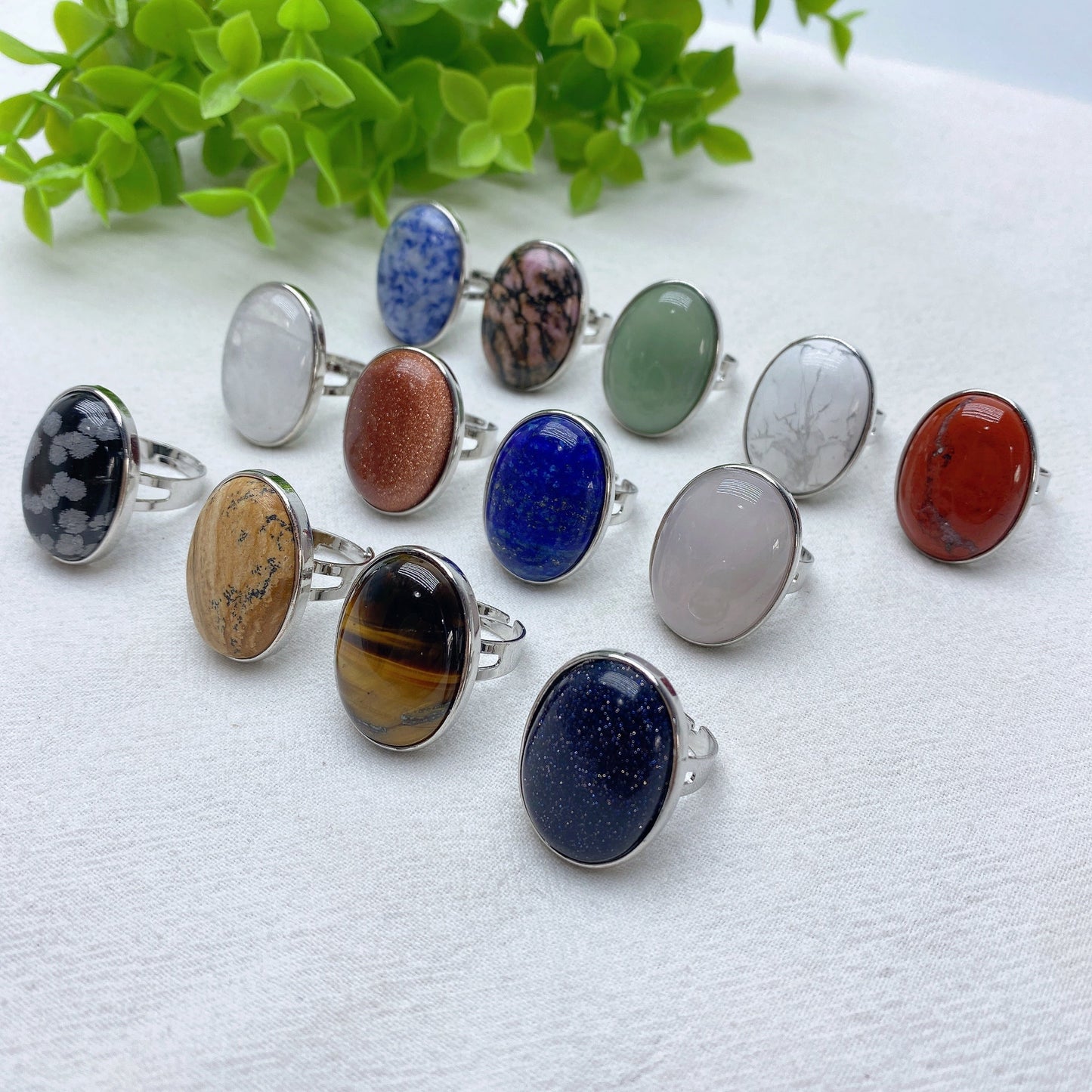 Mixed Crystal Healing Rings With Oval Cabochons