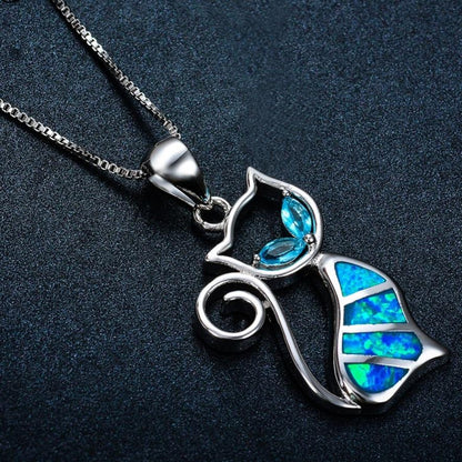 Blue Fire Opal Cat Sterling Silver Necklace