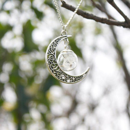 Crescent Moon & Real Dandelion Seeds Necklace