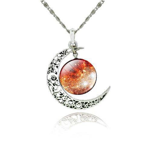 Galaxy Cabochon Crescent Moon Silver Necklace
