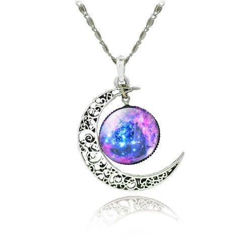 Galaxy Cabochon Crescent Moon Silver Necklace