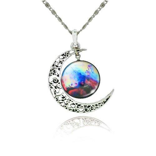 Galaxy Cabochon Crescent Moon Silver Necklace