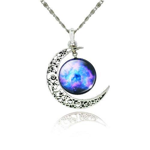 Galaxy Cabochon Crescent Moon Silver Necklace
