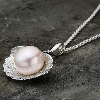 Pearl in Ginkgo Leaf Sterling Silver Necklace
