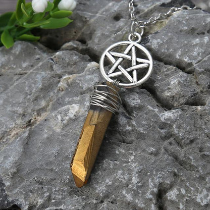 Wicca Charm & Aura Quartz Necklace