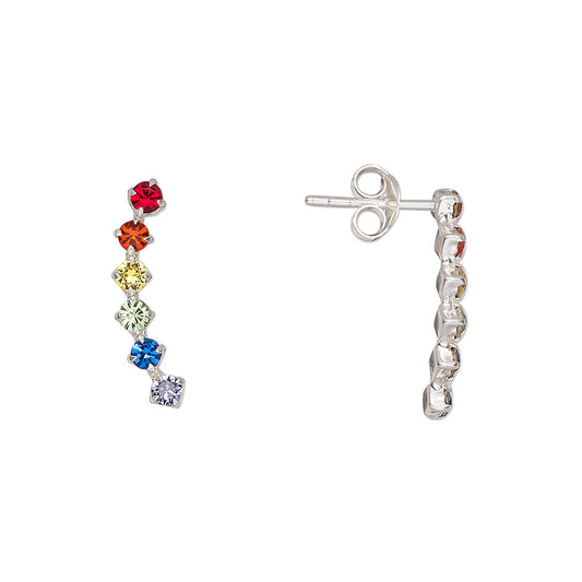 Curved Rainbow Rhinestone Sterling Silver Earrings