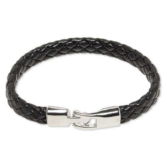 Black Leather Braided Bracelet With Buckle Clasp