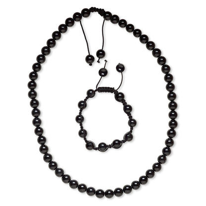 Natural Black Obsidian 10mm Bead Necklace and Bracelet Set, With Black Nylon Macrame Knot Closure, Adjustable