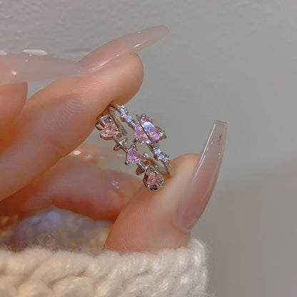 [] Pink Heart Ring Set