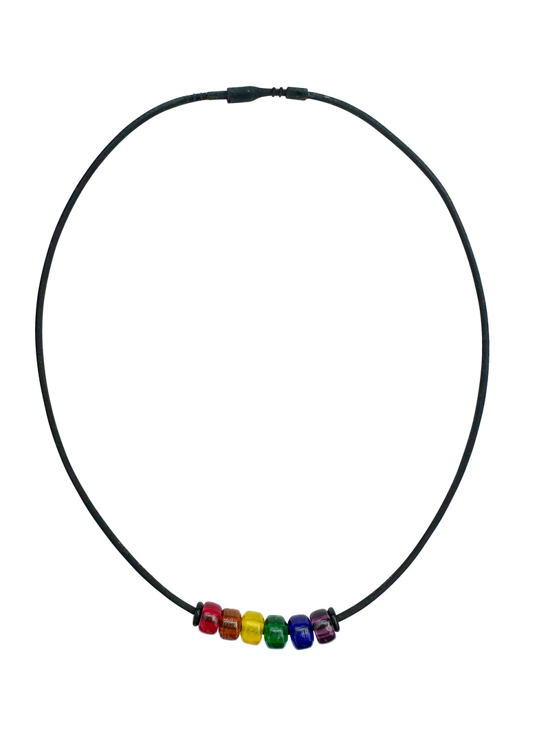 Rainbow Pride Necklace With Czech Glass Beads on Black Rubber Cord, 18 Inches