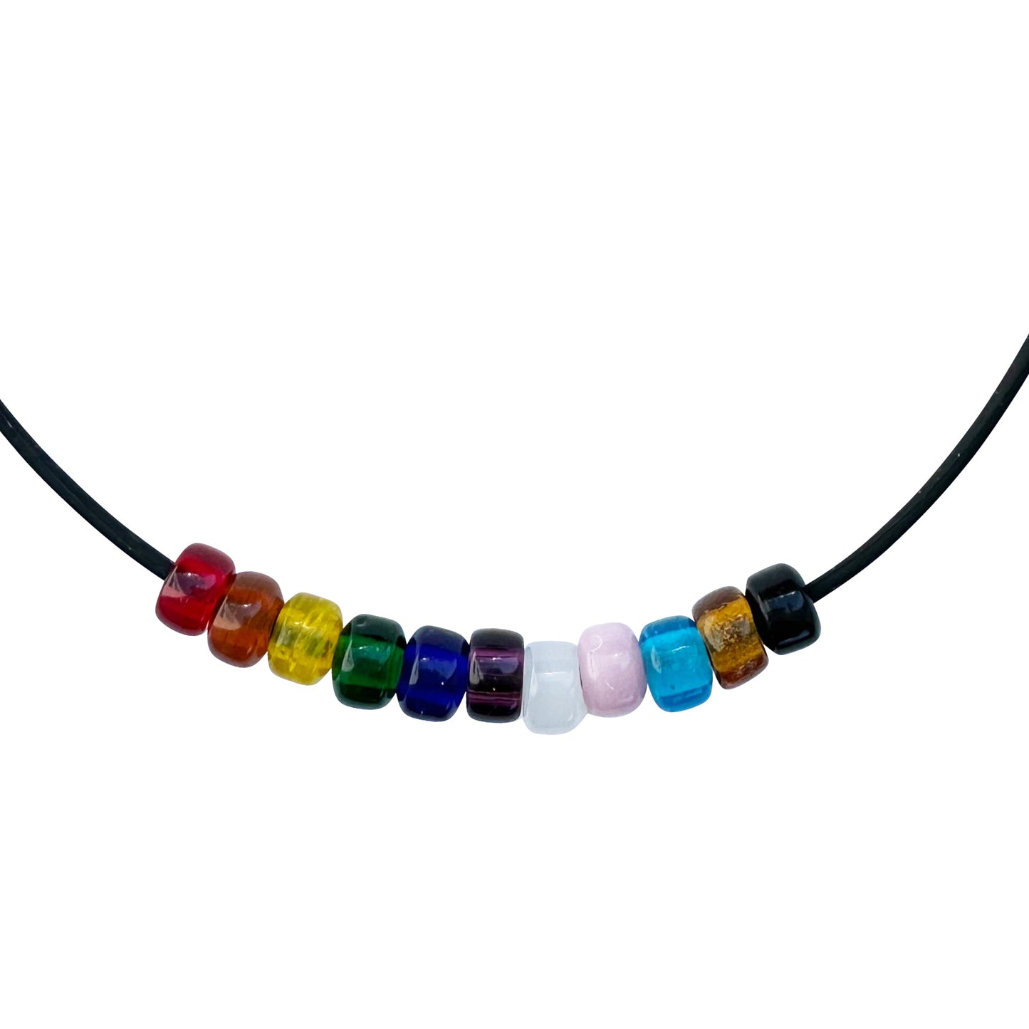Rainbow Progress Pride Necklace With Czech Glass Beads on Black Rubber Cord, 18 Inches