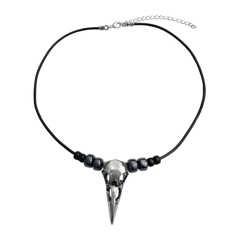 Large Silver Raven Skull Pendant on Beaded Black Leather Cord Necklace - 16