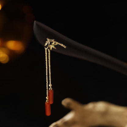 Red Agate Ebony Wood Confidence Tassel Chinese Hairpin
