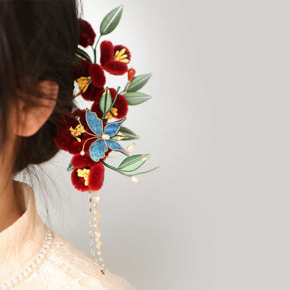 Red Flower Blue Butterfly Chinese Hairpin | Symbolic Hairpin