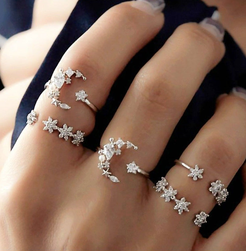 Celestial Crescent Moon & Stars Ring Set