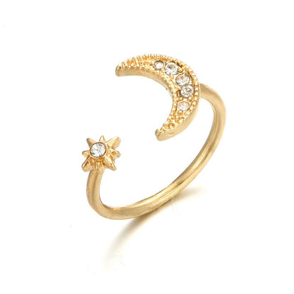Crescent Moon & Star Crystal Ring