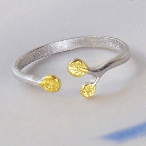 Golden Leaves Silver Open Ring
