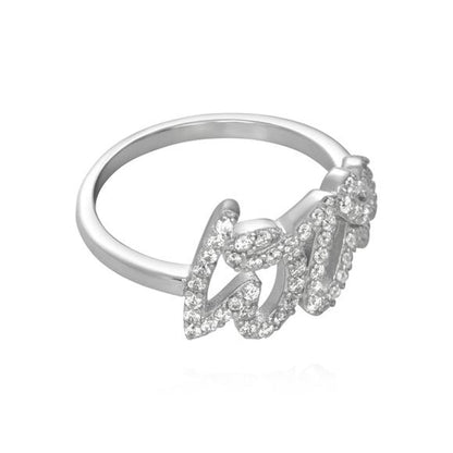 Love Script Word Cubic Zirconia Cz Pave Sterling Silver Statement Ring