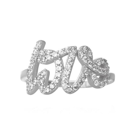 Love Script Word Cubic Zirconia Cz Pave Sterling Silver Statement Ring