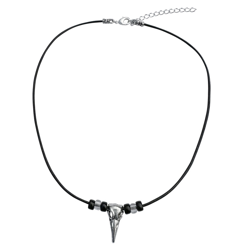 Silver Raven Skull on Beaded Fine Black Leather Necklace Cord - 16